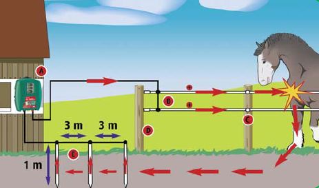 Elektrický ohradník: A. zdroj elektrických impulzů; B. vodiče; C. izolátory; D. kůly/tyčky; E. uzemnění