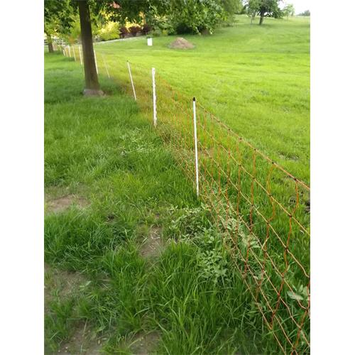 Síť pro elektrické ohradníky na ovce OVINET v. 90 cm, d. 50 m, dvojitá špička, zelená Ukázka dopnutí sítě pomocí plastových sloupků pro elektrický ohradník.