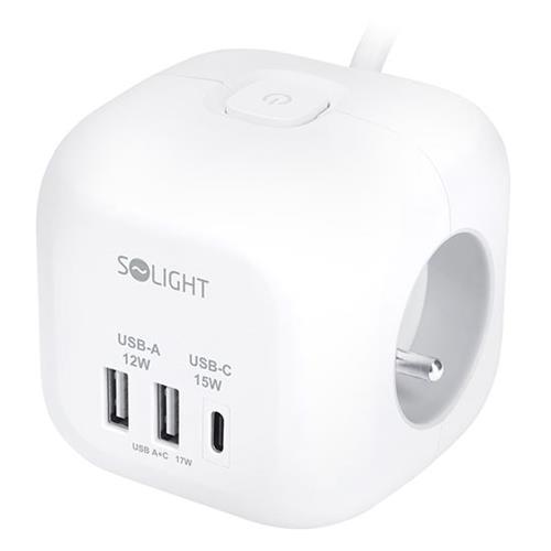 Prodlužovací přívod Solight, 3× zásuvka+USB A+C, kostka, 2 m Prodlužovací přívod Solight, 3× zásuvka+USB A+C, kostka, 2 m