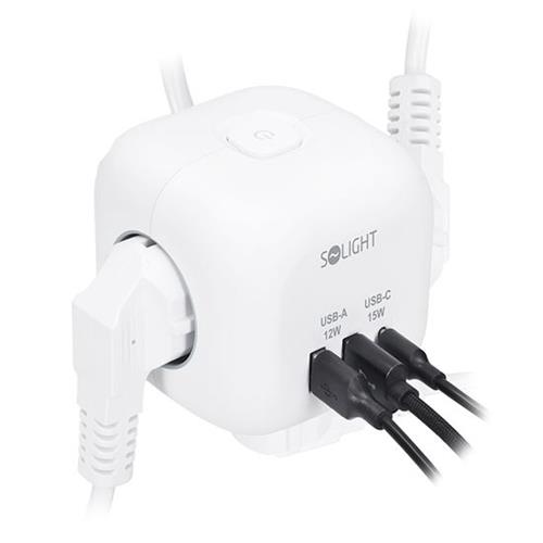 Prodlužovací přívod Solight, 3× zásuvka+USB A+C, kostka, 2 m Prodlužovací přívod Solight, 3× zásuvka+USB A+C, kostka, 2 m