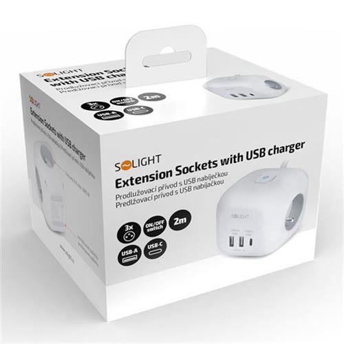 Prodlužovací přívod Solight, 3× zásuvka+USB A+C, kostka, 2 m Prodlužovací přívod Solight, 3× zásuvka+USB A+C, kostka, 2 m
