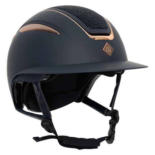Jezdecká přilba IRH Olania Deluxe, široký kšilt, modrá s glitry - vel. 53-55 Přilba jezdecká Imperial Olania Deluxe Polo, modrá s rosegold, vel. 53-55