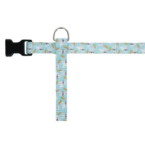 Postroj pro králíky světle modrý s potiskem králíčků a mrkví - vel. S Postroj pro králíky Kerbl - detail potisku.