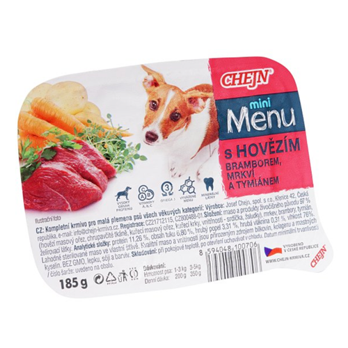Masová vanička pro psy Chejn Mini Menu - hovězí, brambor, mrkev a tymián Vanička pro psy Chejn Mini Menu, hovězí, brambor, mrkev a tymián, 185 g