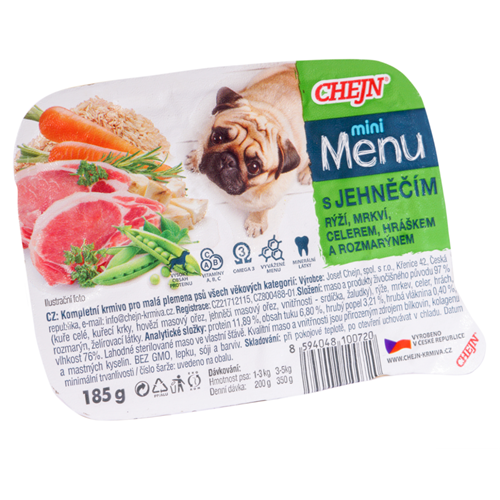 Masová vanička pro psy Chejn Mini Menu - jehněčí, rýže, mrkev, hrášek a r Vanička pro psy Chejn Mini Menu, jehněčí, rýže, mrkev, hrášek a rozmarýn, 185 g