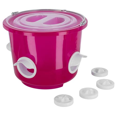 Kbelíkové krmítko pro slepice, růžové, 12 l Krmítko kbelíkové pro slepice, růžové, 12 l se zátkami.